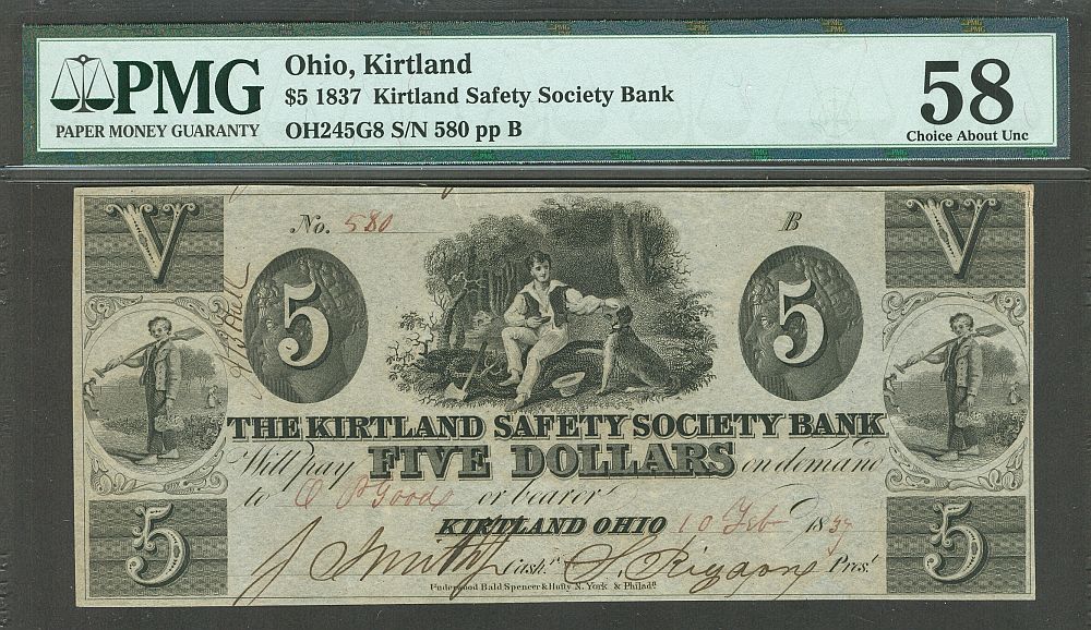 Kirtland, OH, The Kirtland Safety Society Bank $5, February 10, 1837, PMG-58  [Mormon Note]